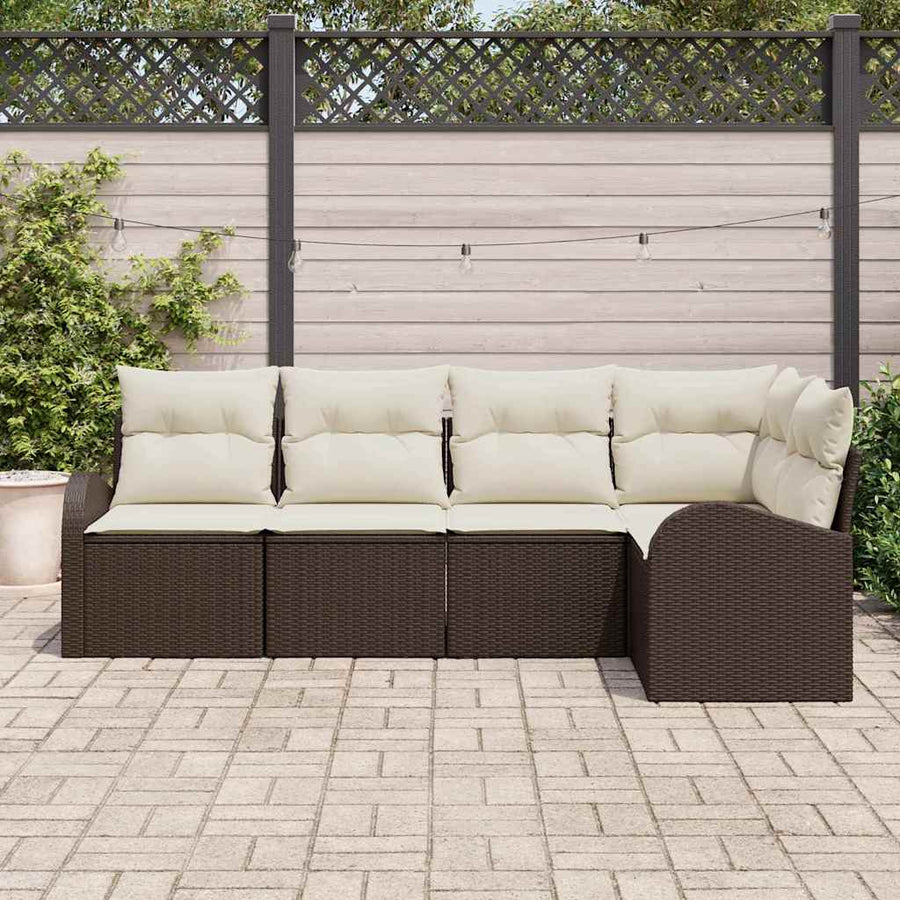 Tuinbankenset met kussen 5 pcs Bruin en wit poly rattan