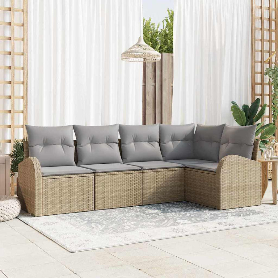 Tuinbankenset met kussen 5 pcs Beige en Licht Grijs poly rattan