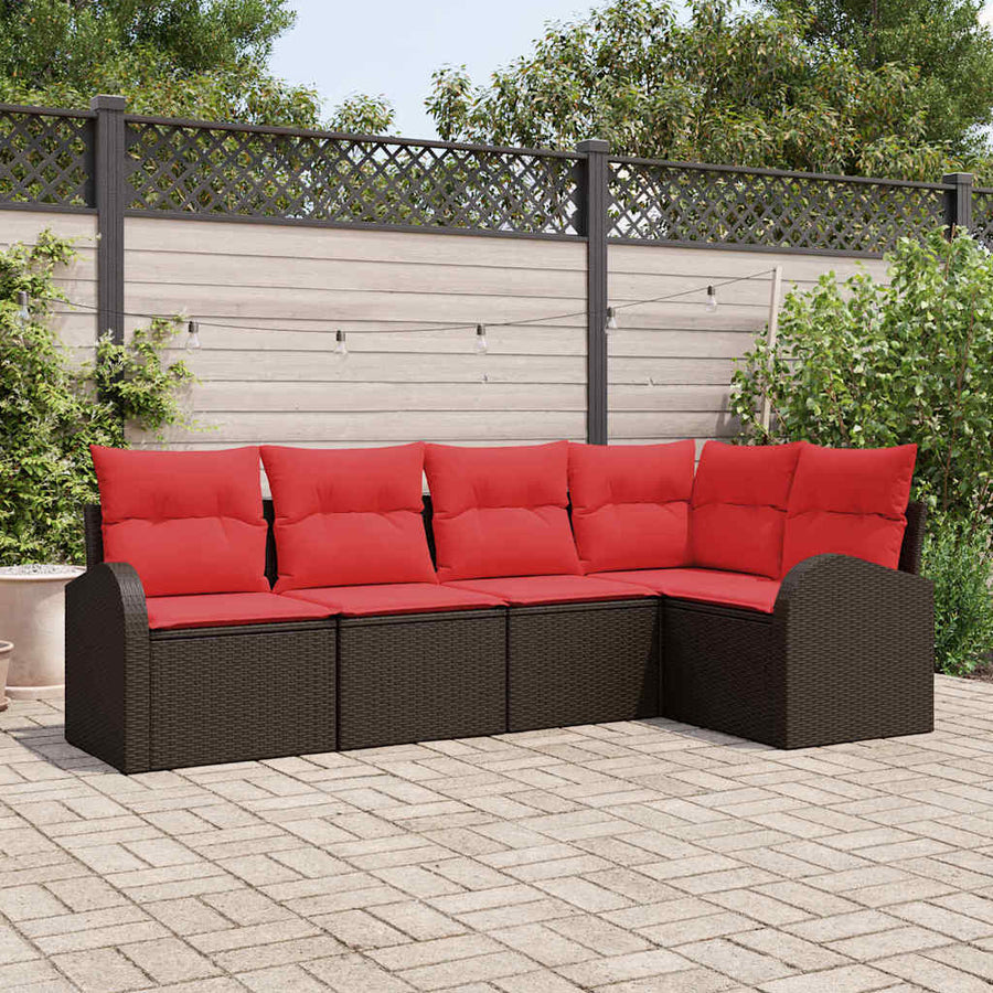 Tuinbankenset met kussen 5 pcs Bruin en Rood poly rattan
