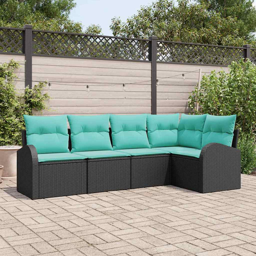 Tuinbankenset met kussen 5 pcs Zwart en Turquoise poly rattan