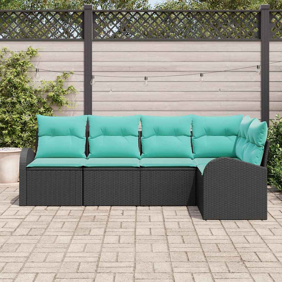Tuinbankenset met kussen 5 pcs Zwart en Turquoise poly rattan