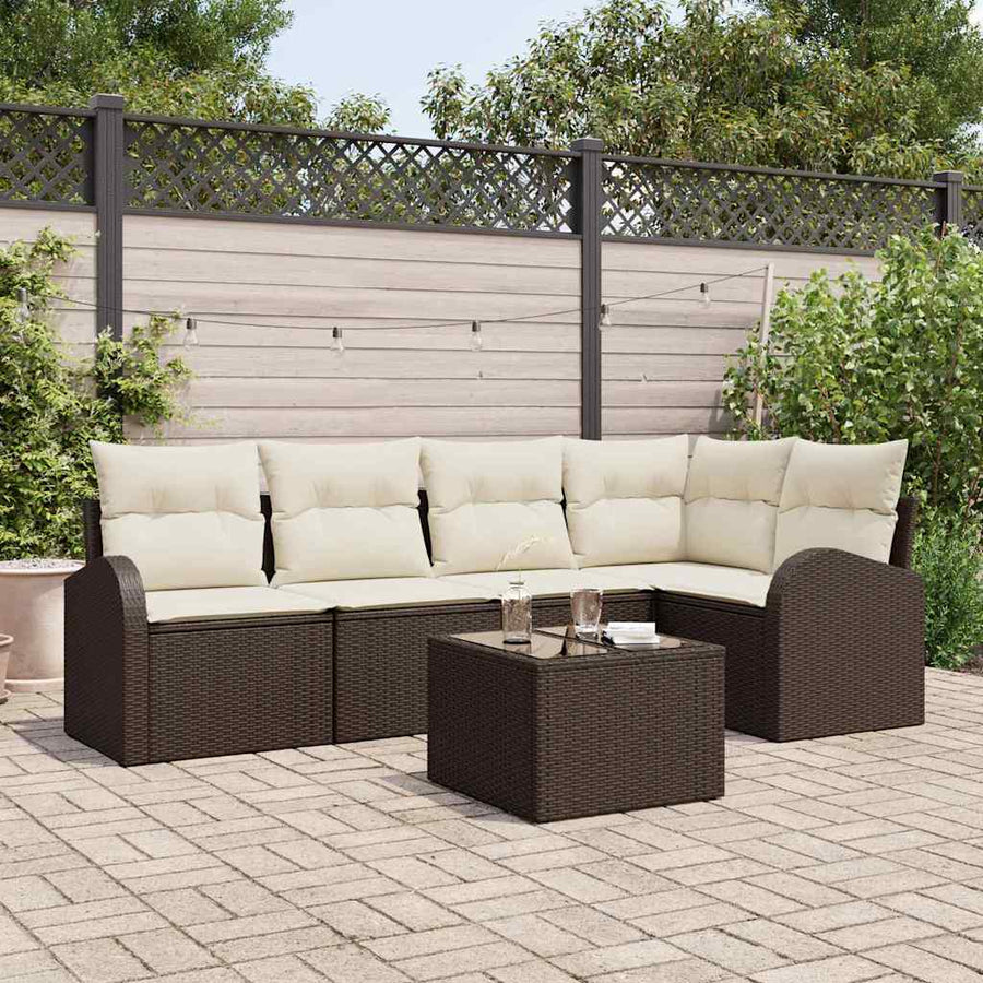 Tuinbankenset met kussen 6 pcs Bruin en wit poly rattan
