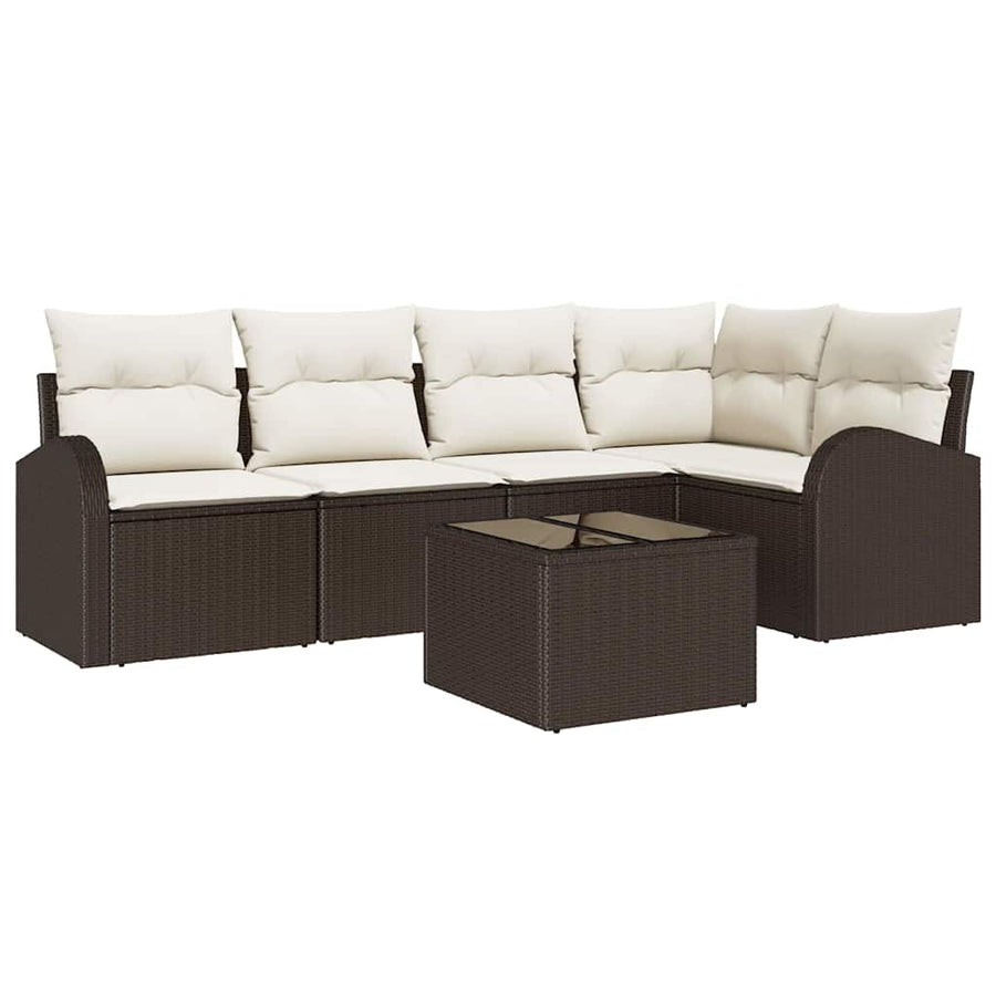Tuinbankenset met kussen 6 pcs Bruin en wit poly rattan