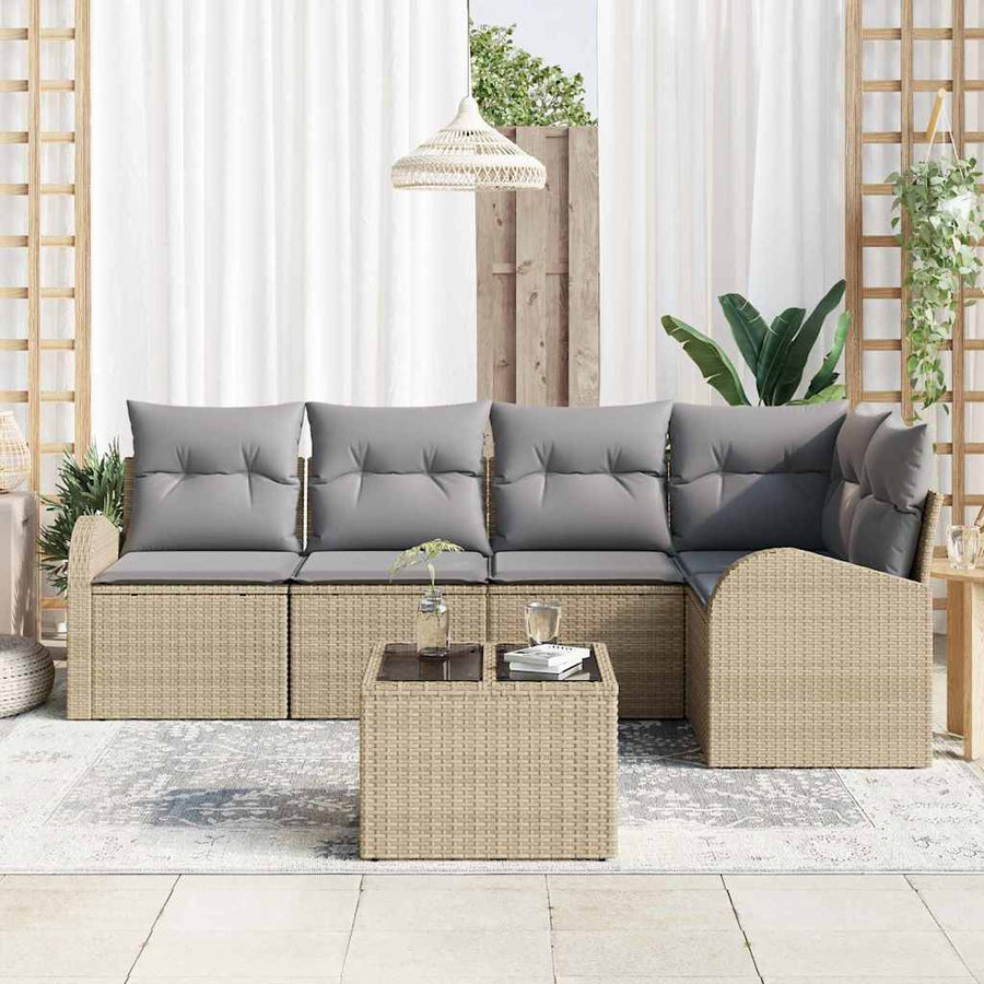 Tuinbankenset met kussen 6 pcs Beige en lichtgrijs poly rattan