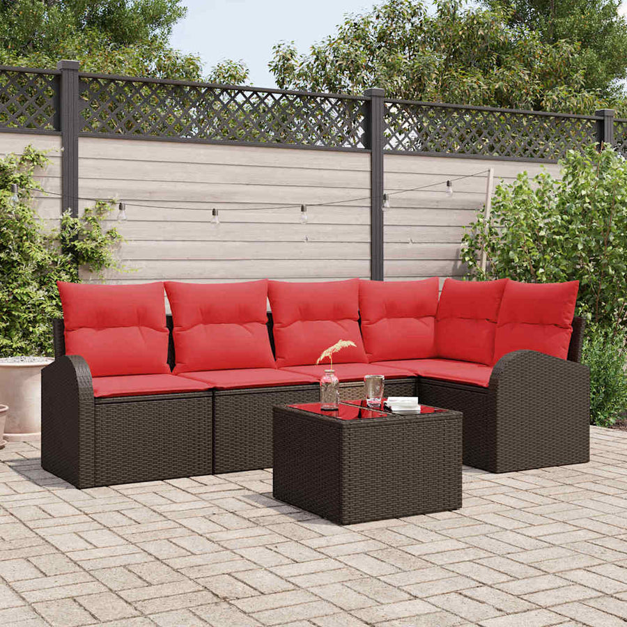 Tuinbankenset met kussen 6 pcs Bruin en Rood poly rattan