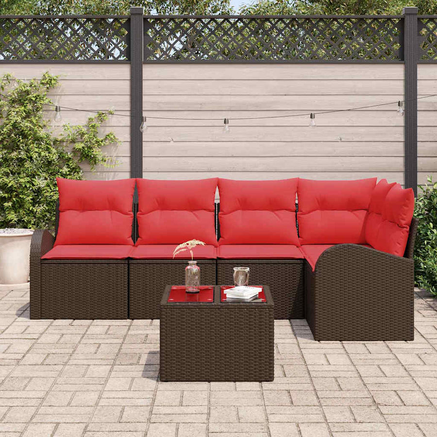 Tuinbankenset met kussen 6 pcs Bruin en Rood poly rattan