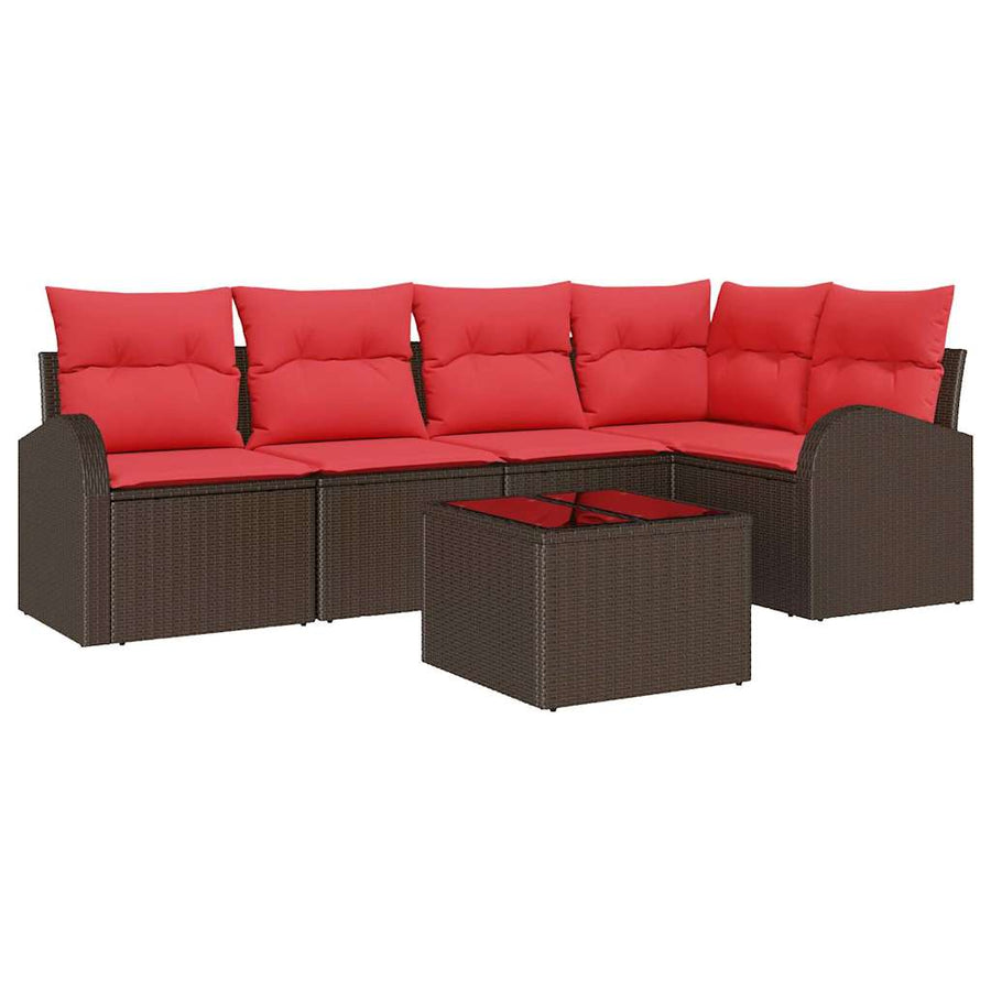 Tuinbankenset met kussen 6 pcs Bruin en Rood poly rattan