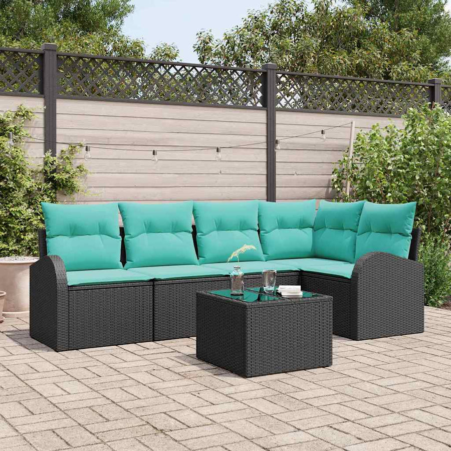 Tuinbankenset met kussen 6 pcs Zwart en Turquoise poly rattan