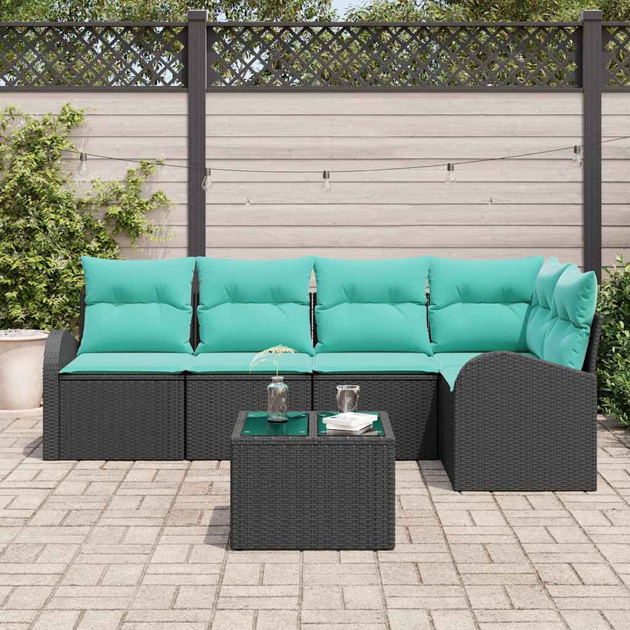 Tuinbankenset met kussen 6 pcs Zwart en Turquoise poly rattan