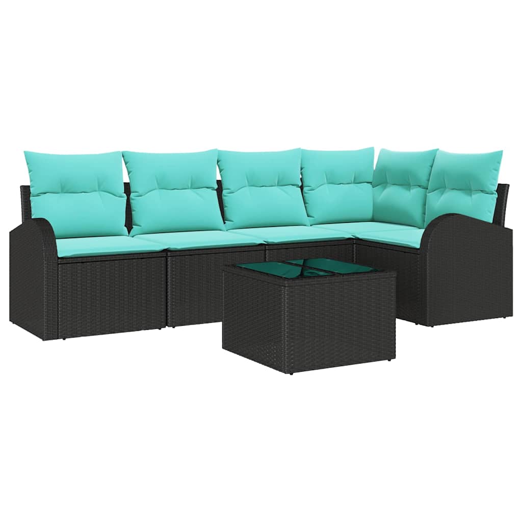 Tuinbankenset met kussen 6 pcs Zwart en Turquoise poly rattan