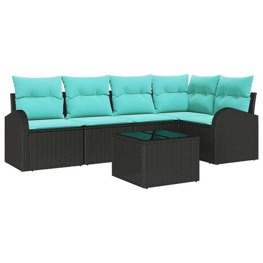 Tuinbankenset met kussen 6 pcs Zwart en Turquoise poly rattan