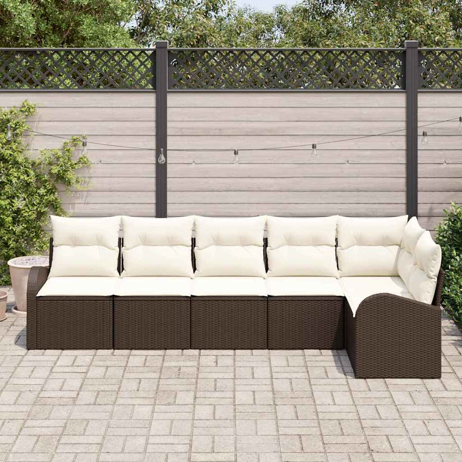 Tuinbankenset met kussen 6 pcs Bruin en wit poly rattan
