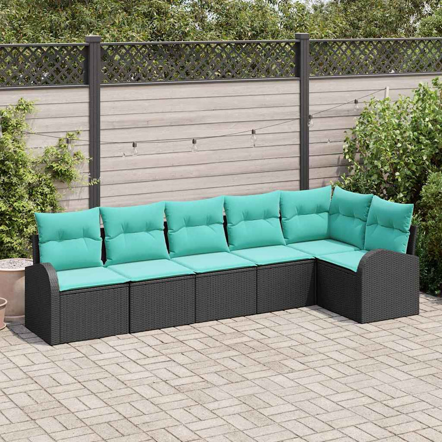 Tuinbankenset met kussen 6 pcs Zwart en Turquoise poly rattan