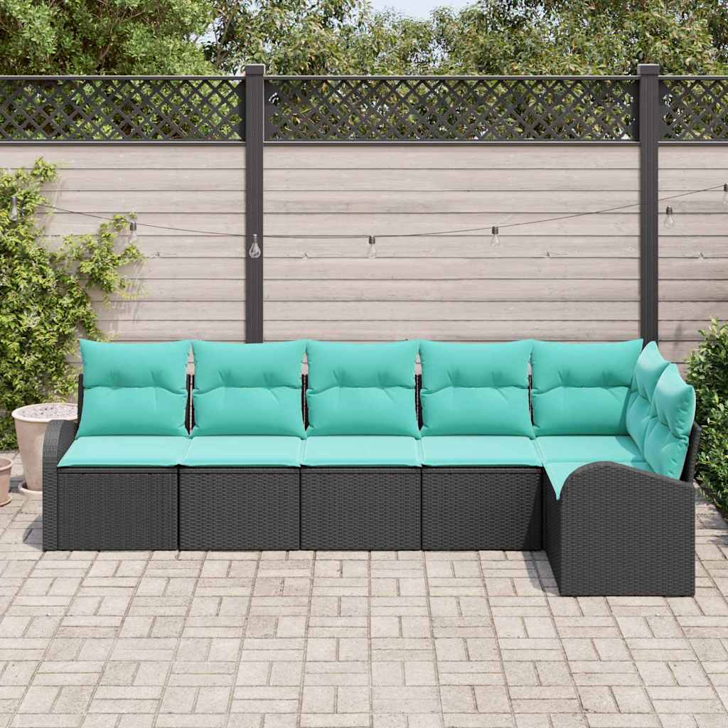 Tuinbankenset met kussen 6 pcs Zwart en Turquoise poly rattan