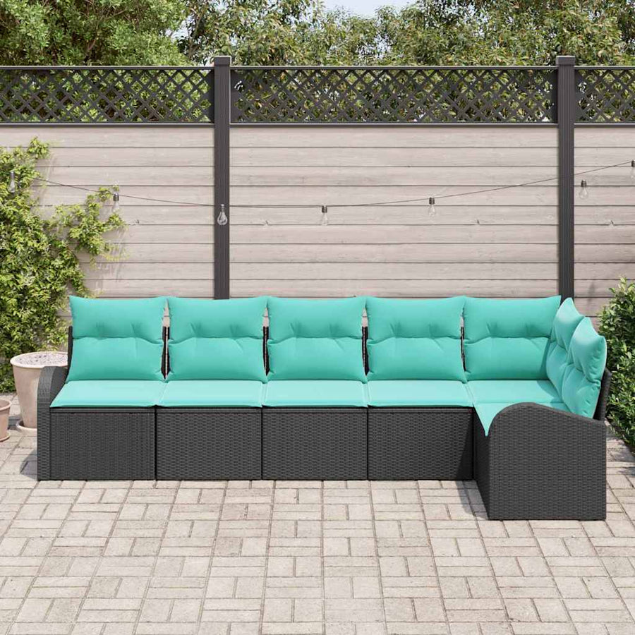 Tuinbankenset met kussen 6 pcs Zwart en Turquoise poly rattan