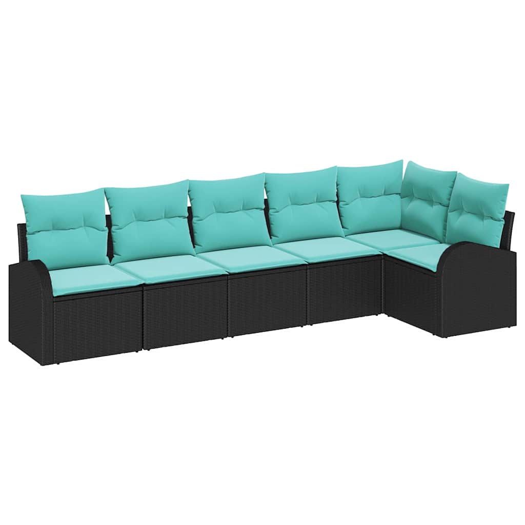 Tuinbankenset met kussen 6 pcs Zwart en Turquoise poly rattan