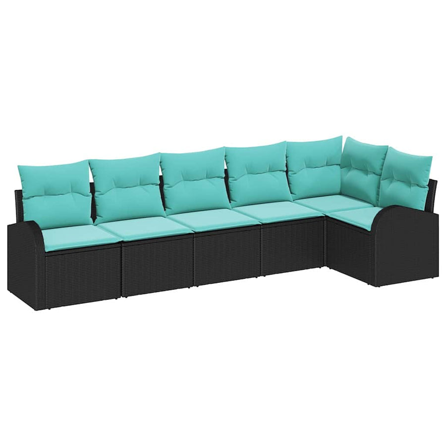 Tuinbankenset met kussen 6 pcs Zwart en Turquoise poly rattan