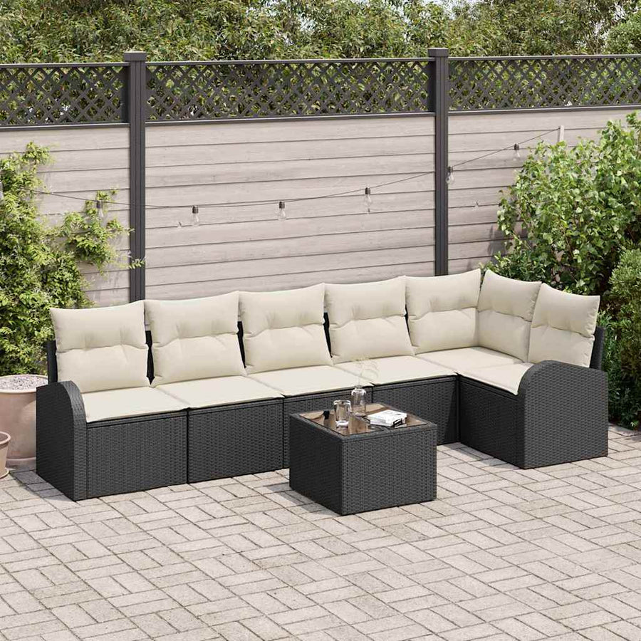 Tuinbankenset met kussen 7 pcs Zwart en Wit poly rattan