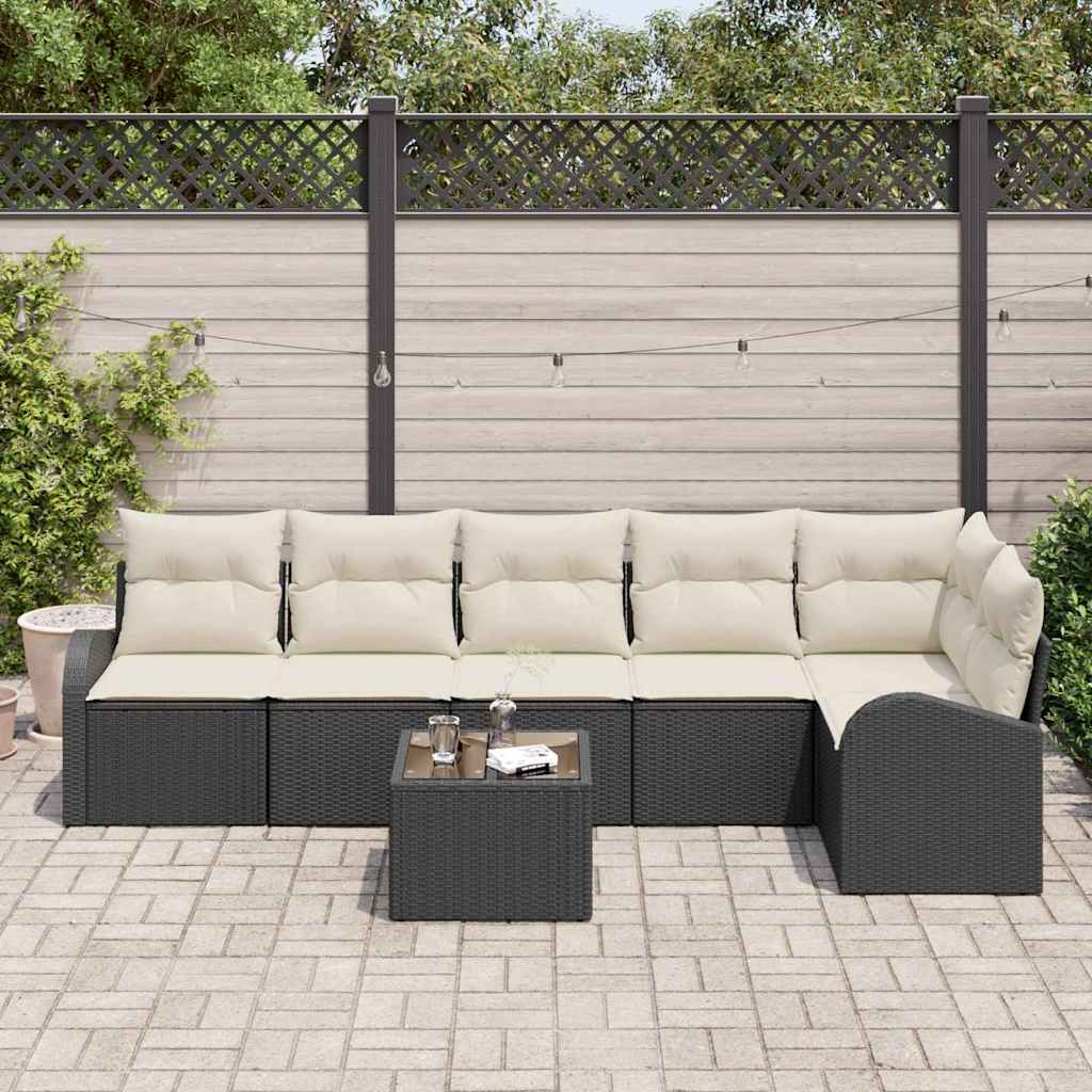 Tuinbankenset met kussen 7 pcs Zwart en Wit poly rattan