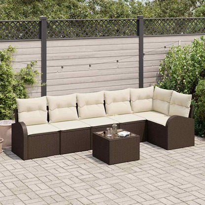 Tuinbankenset met kussen 7 pcs Bruin en wit poly rattan