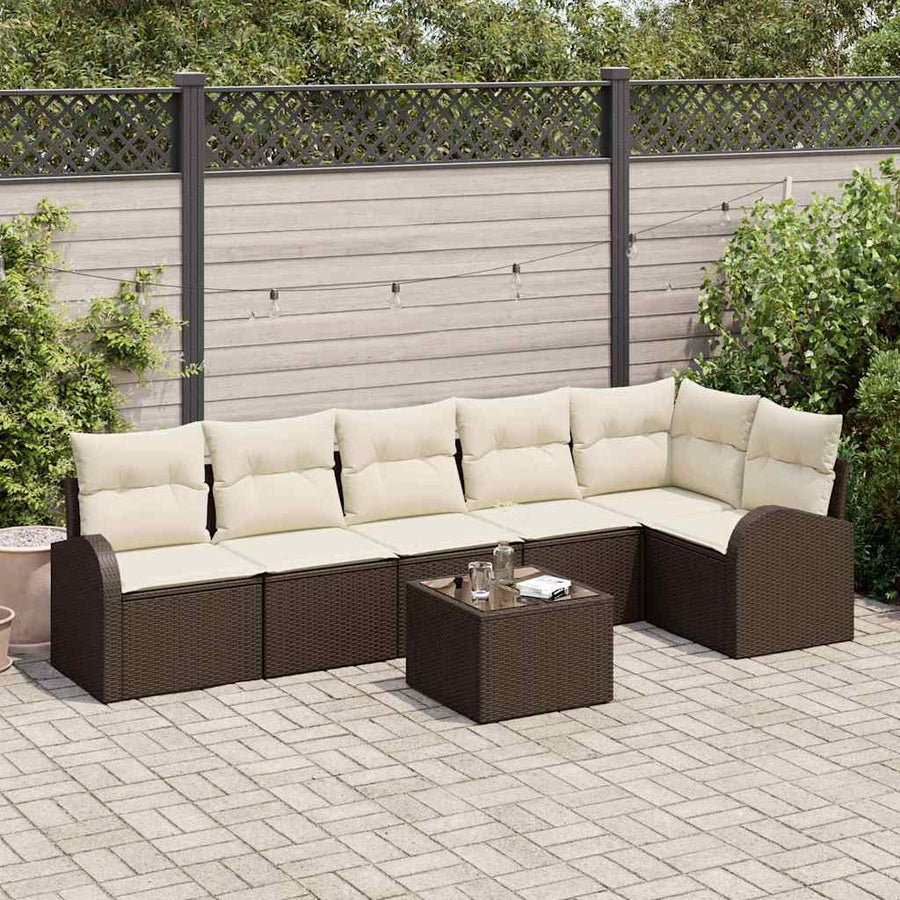 Tuinbankenset met kussen 7 pcs Bruin en wit poly rattan