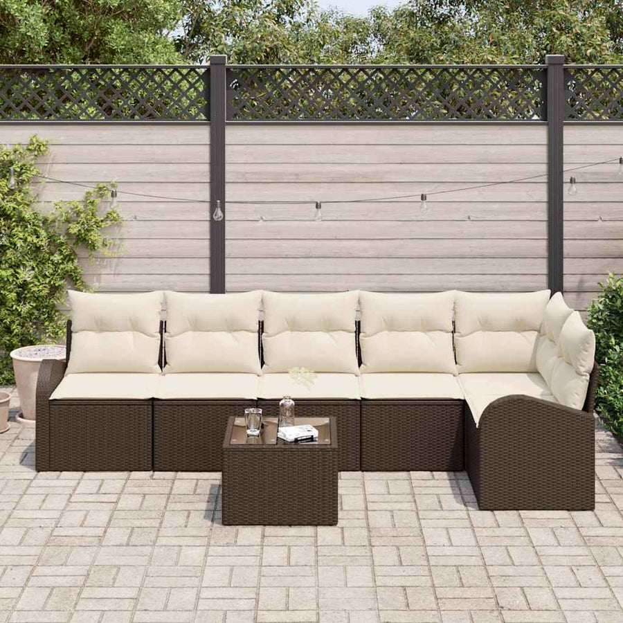 Tuinbankenset met kussen 7 pcs Bruin en wit poly rattan