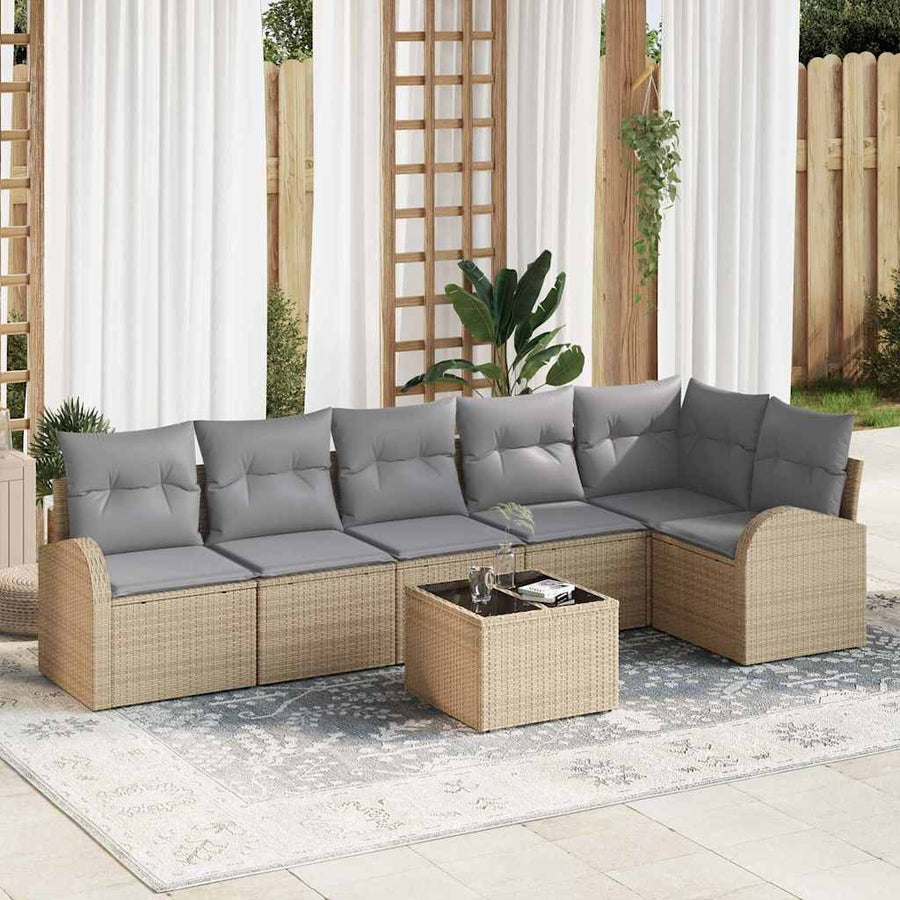 Tuinbankenset met kussen 7 pcs Beige en lichtgrijs poly rattan