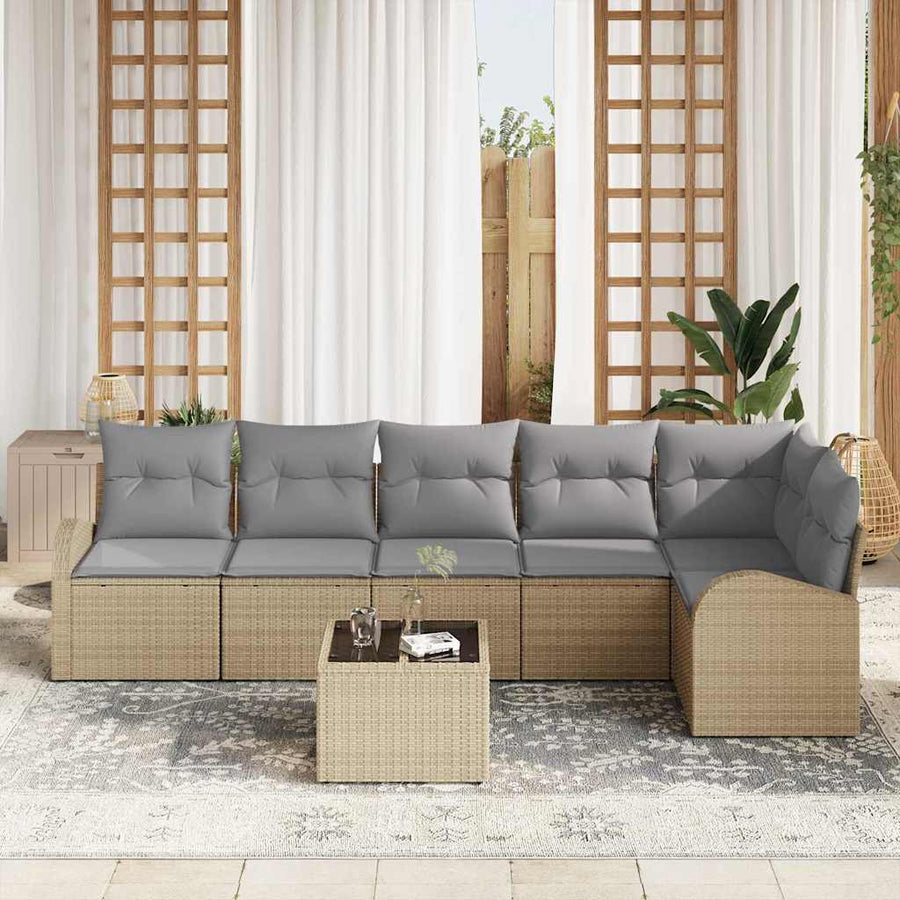 Tuinbankenset met kussen 7 pcs Beige en lichtgrijs poly rattan