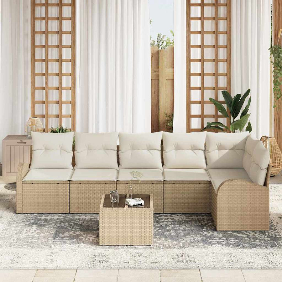 Tuinbankenset 7 st Beige en Wit poly rattan