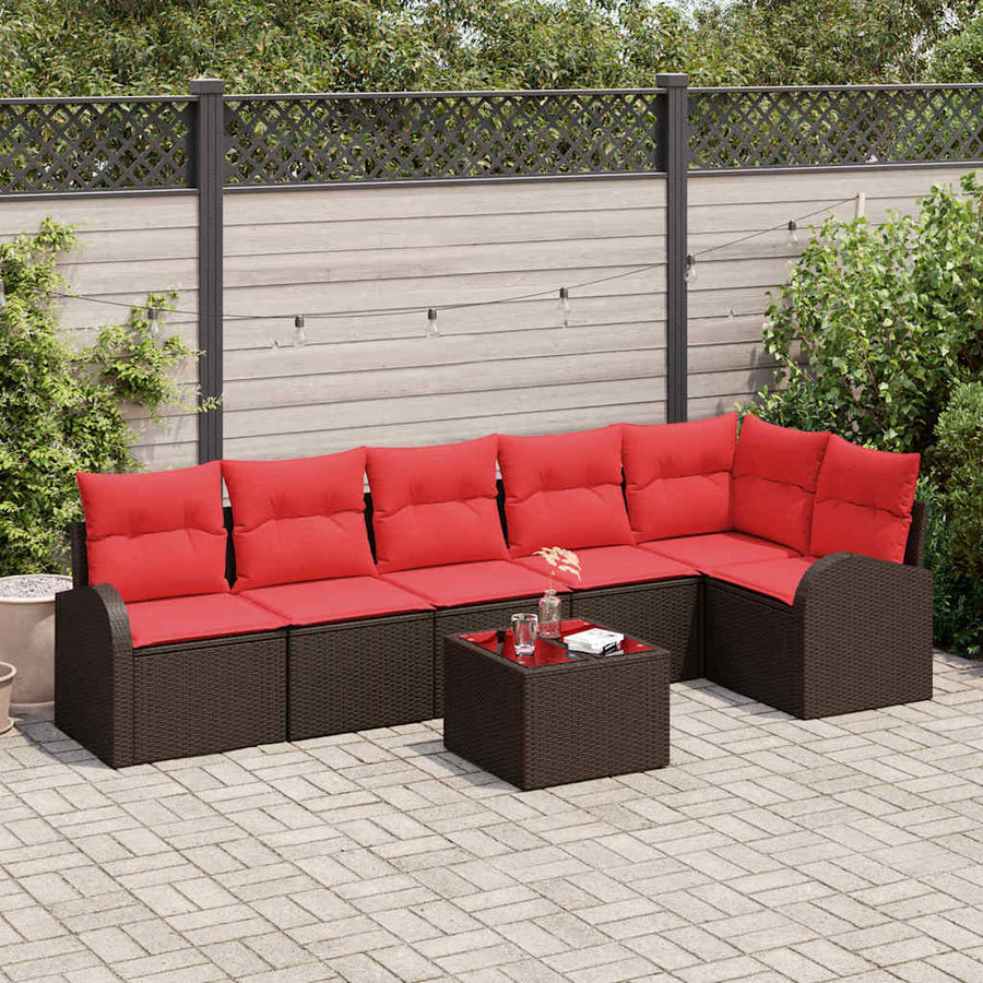Tuinbankenset met kussen 7 pcs Bruin en Rood poly rattan