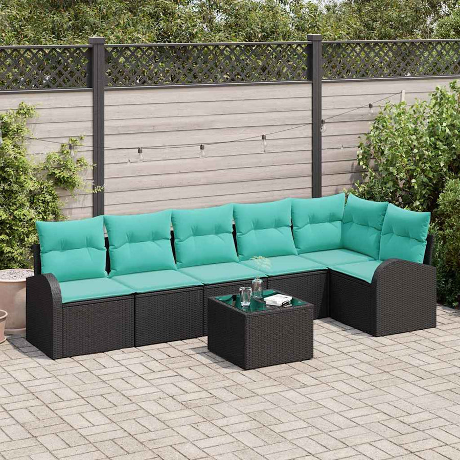 Tuinbankenset met kussen 7 pcs Zwart en Turquoise poly rattan