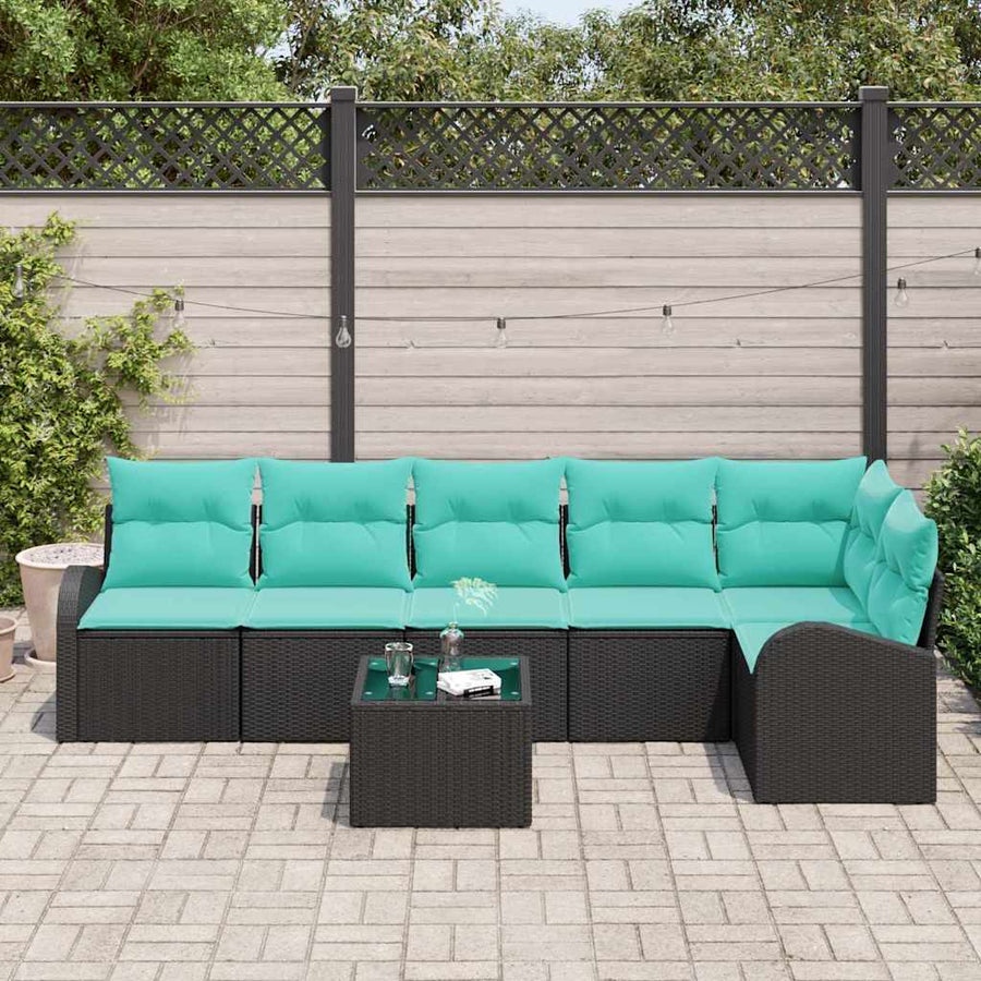 Tuinbankenset met kussen 7 pcs Zwart en Turquoise poly rattan