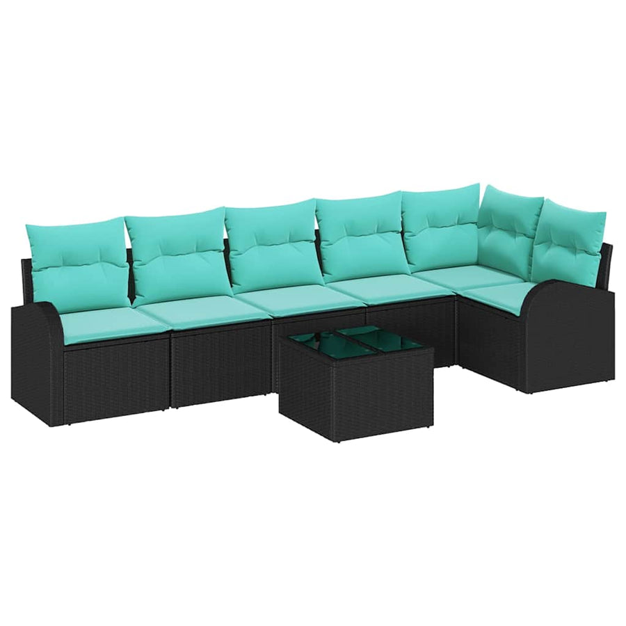 Tuinbankenset met kussen 7 pcs Zwart en Turquoise poly rattan