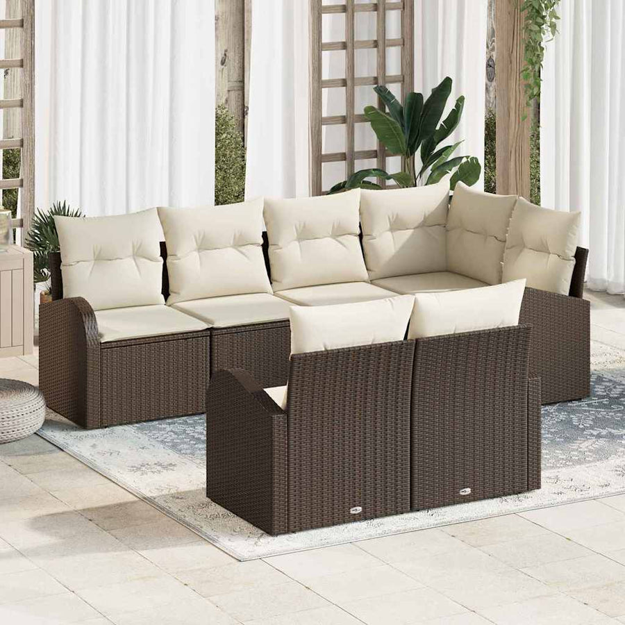 Tuinbankenset met kussen 7 pcs Bruin en wit poly rattan
