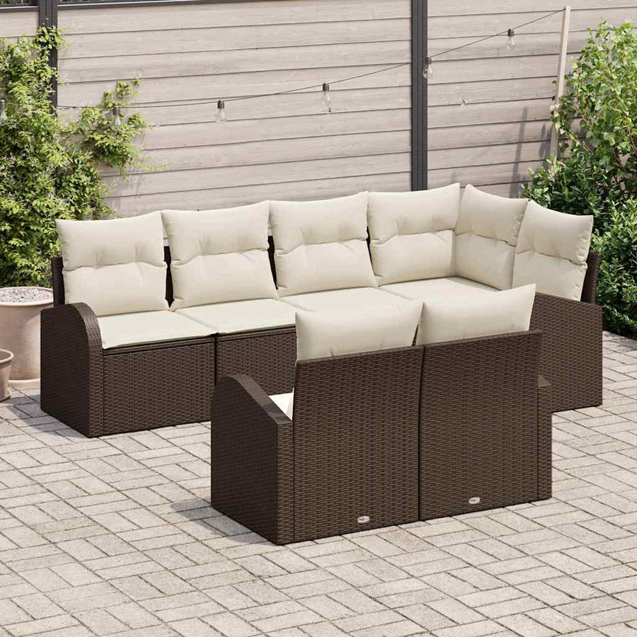 Tuinbankenset met kussen 7 pcs Bruin en wit poly rattan