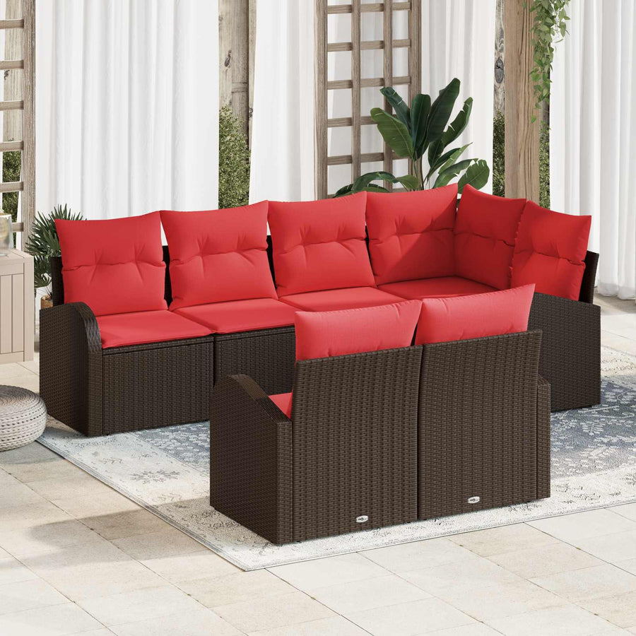 Tuin Sofa Set met kussen 7 pcs Bruin en Rood poly rattan