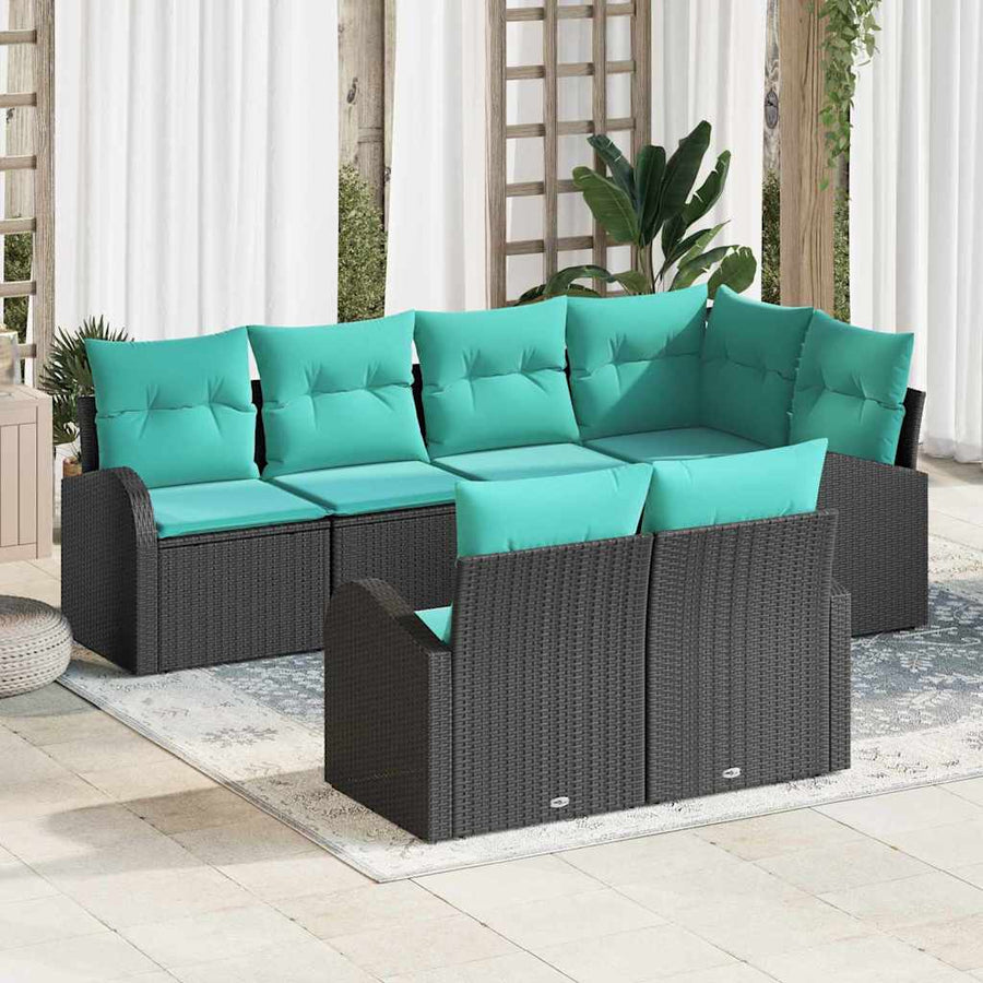 Tuin Sofa Set met kussen 7 pcs Zwart en turquoise poly rattan