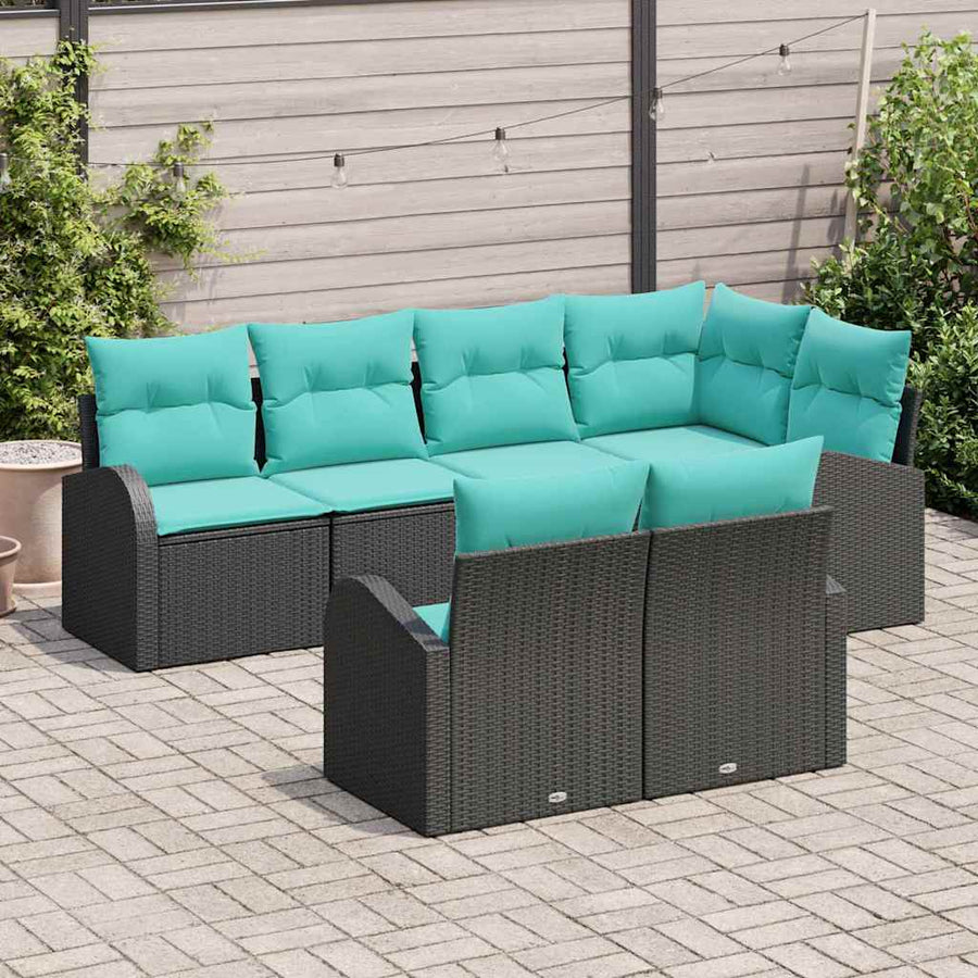 Tuin Sofa Set met kussen 7 pcs Zwart en turquoise poly rattan