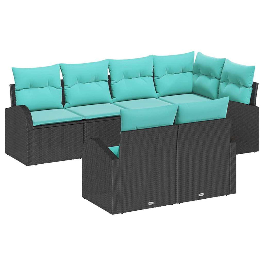 Tuin Sofa Set met kussen 7 pcs Zwart en turquoise poly rattan