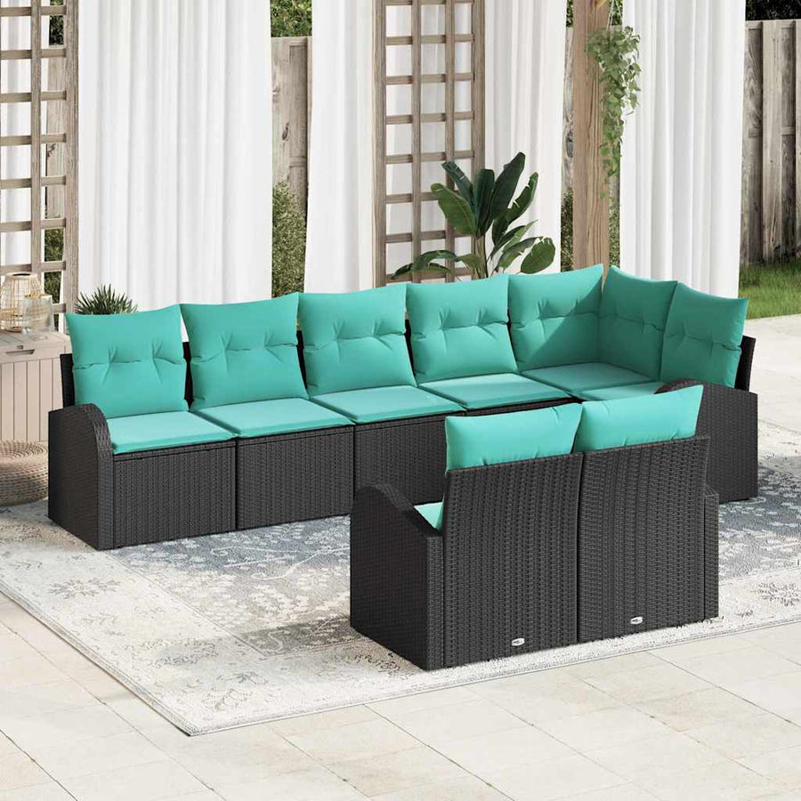 Tuinbankenset met kussen 8 pcs Zwart en Turquoise poly rattan