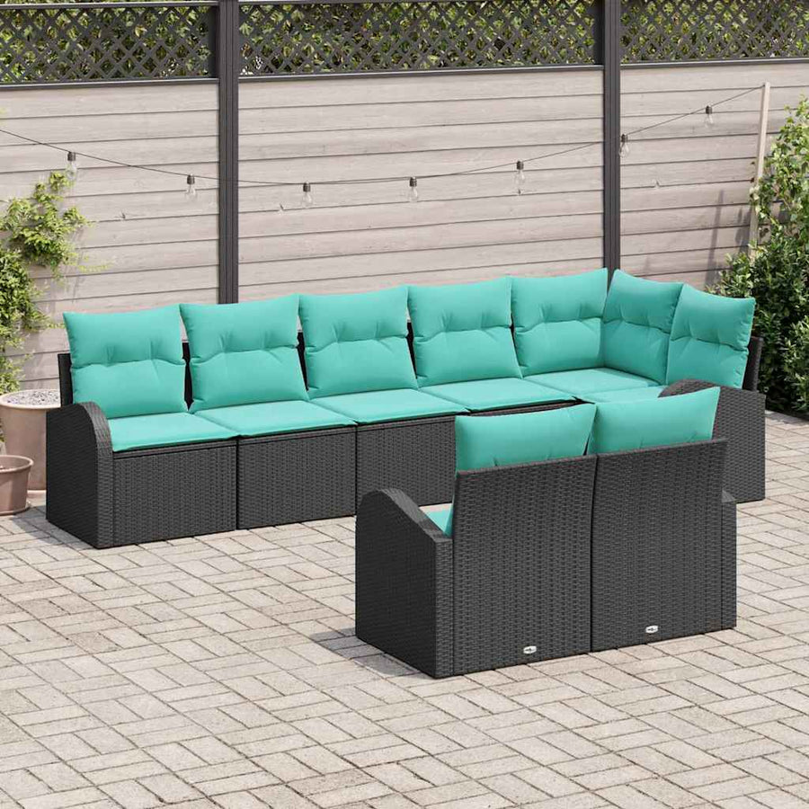 Tuinbankenset met kussen 8 pcs Zwart en Turquoise poly rattan