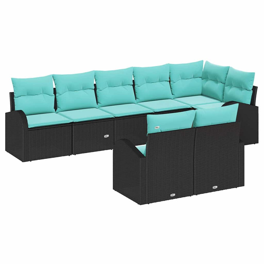 Tuinbankenset met kussen 8 pcs Zwart en Turquoise poly rattan