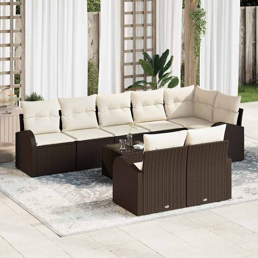 Tuinbankenset met kussen 9 pcs Bruin en wit poly rattan
