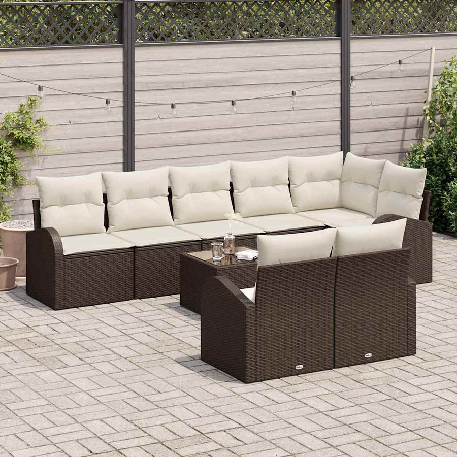 Tuinbankenset met kussen 9 pcs Bruin en wit poly rattan