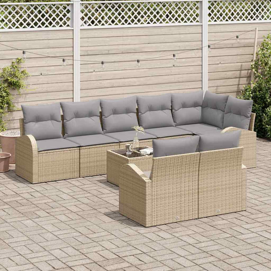 Bankstel Met Kussen 9 Pcs Poly Rattan beige en lichtgrijs met tafel