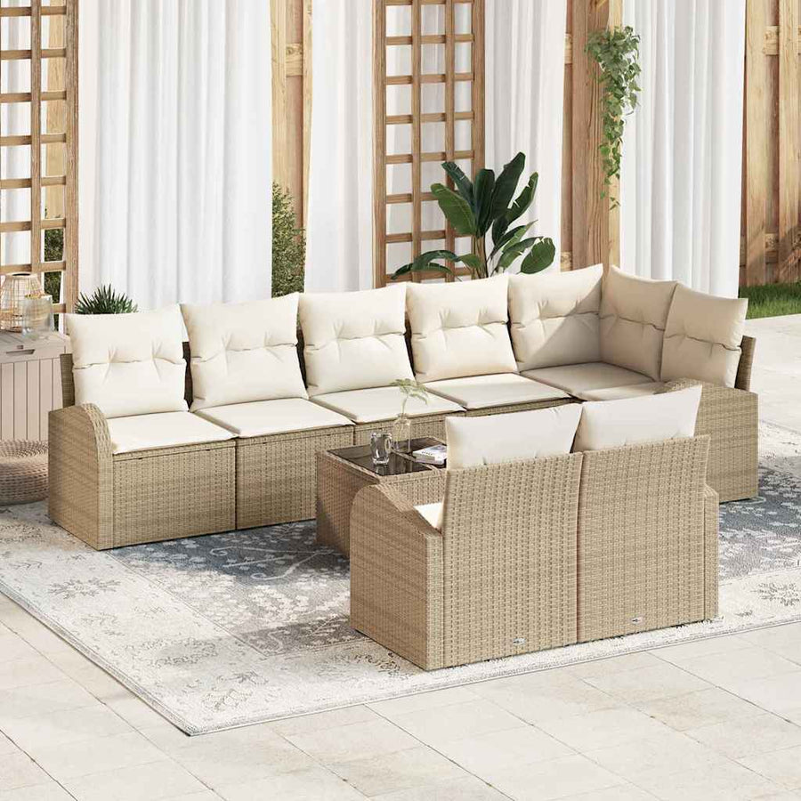Tuinbankenset met kussen 9 pcs Beige en Wit poly rattan
