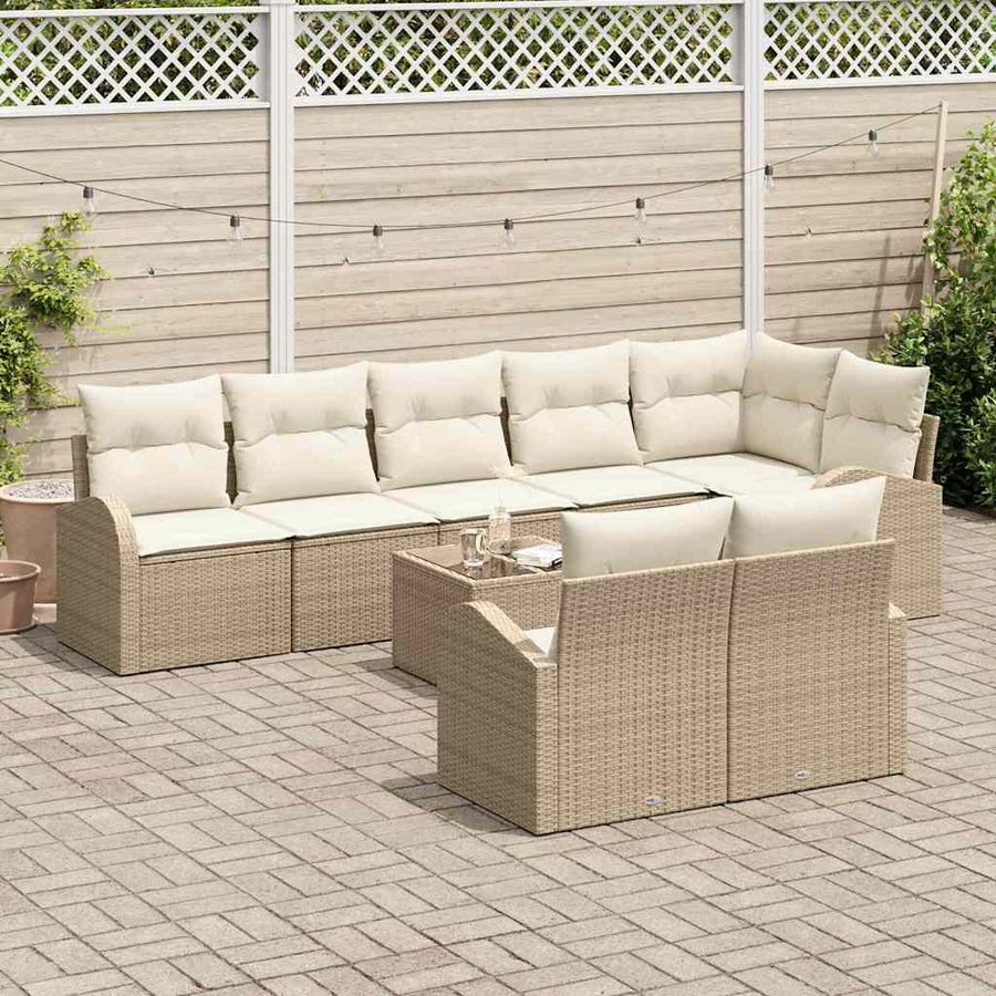 Tuinbankenset met kussen 9 pcs Beige en Wit poly rattan
