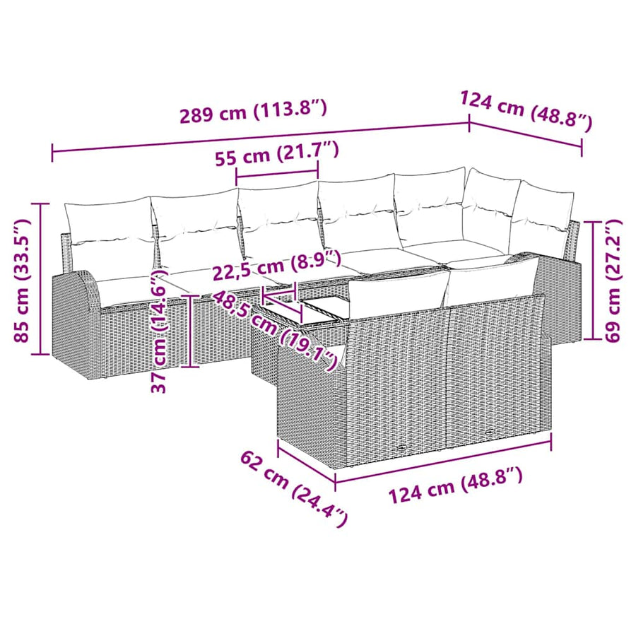 Tuinbankenset met kussen 9 pcs Beige en Wit poly rattan