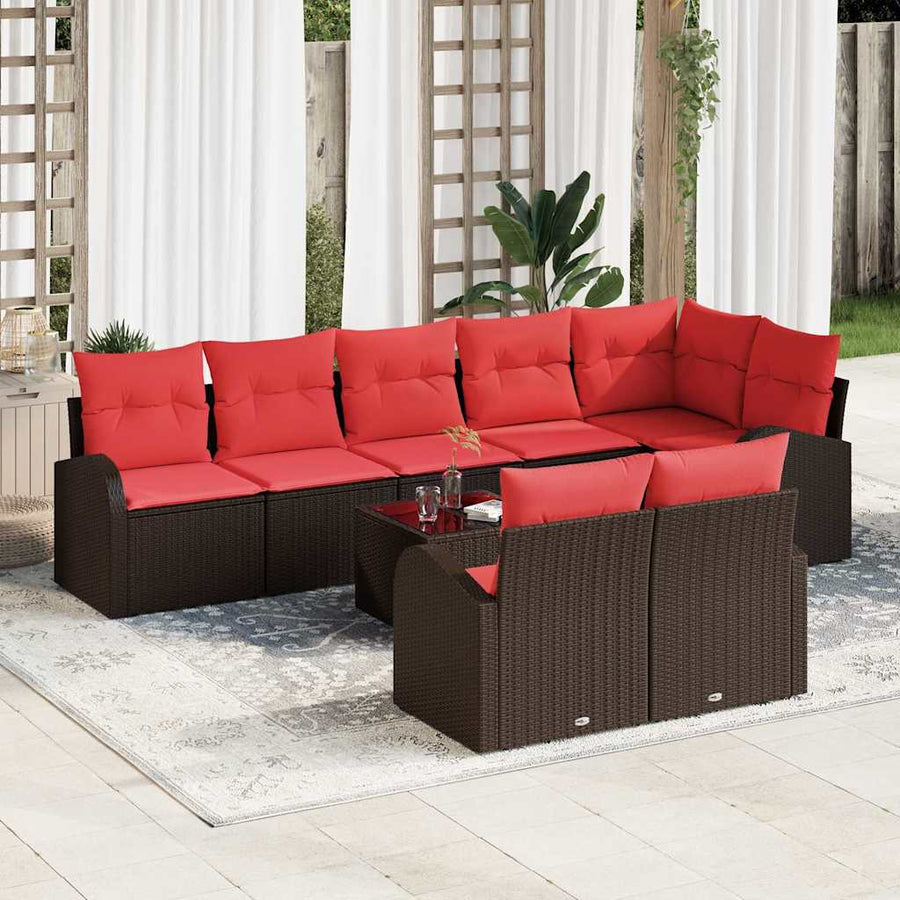 Tuinbankenset met kussen 9 pcs Bruin en Rood poly rattan