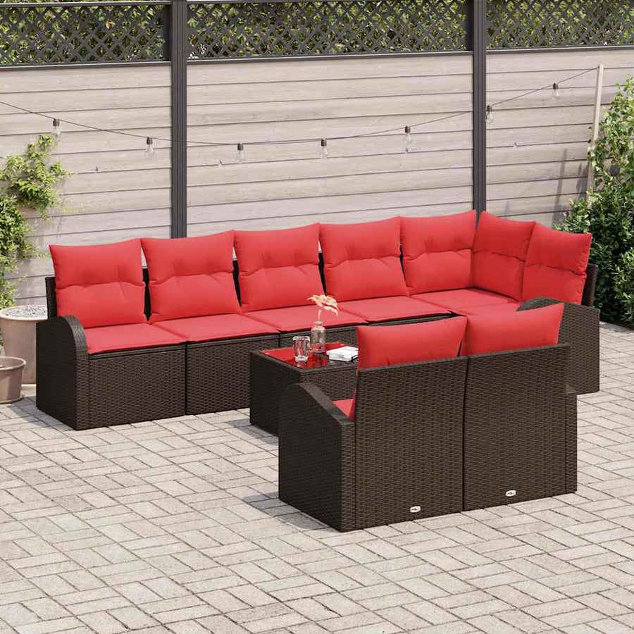 Tuinbankenset met kussen 9 pcs Bruin en Rood poly rattan